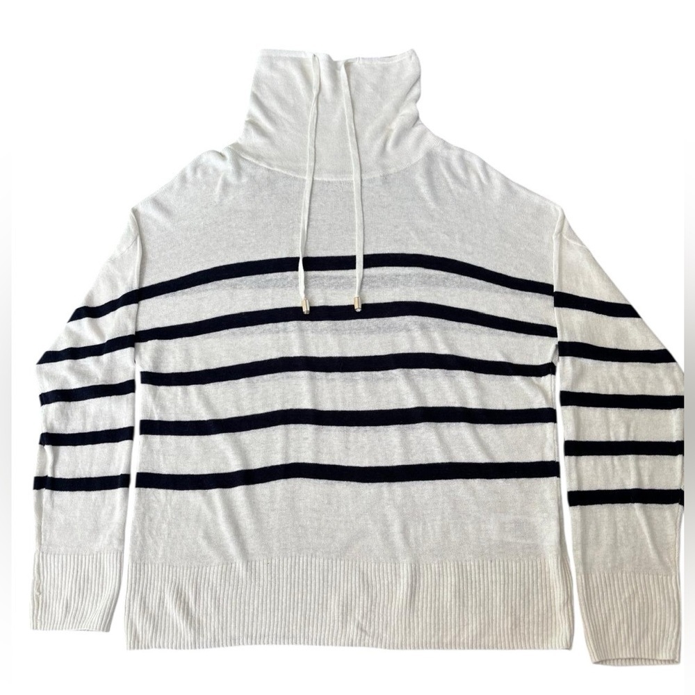 Nicole Miller XS Striped Linen Blend Turtleneck Sweater White Navy